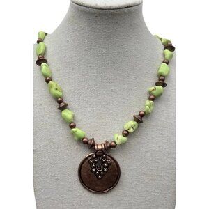 Vintage Chunky Natural Lime Green With Nickel Turquoise Boho Necklace Size 21”